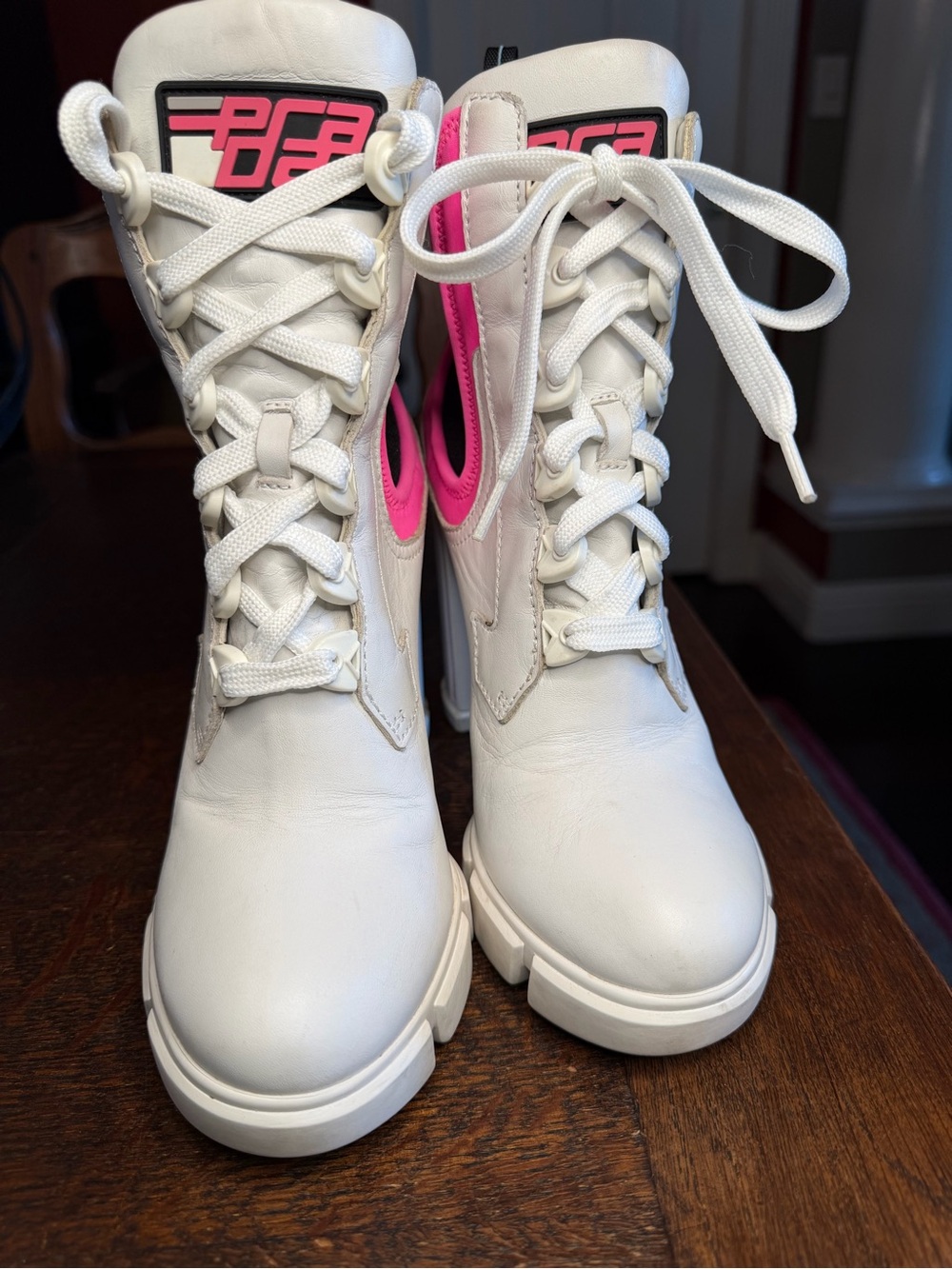 Prada White Leather & Neon Pink Neoprene Chunky Heel Lace Up Boots IT 6.5 - Picture 2 of 16